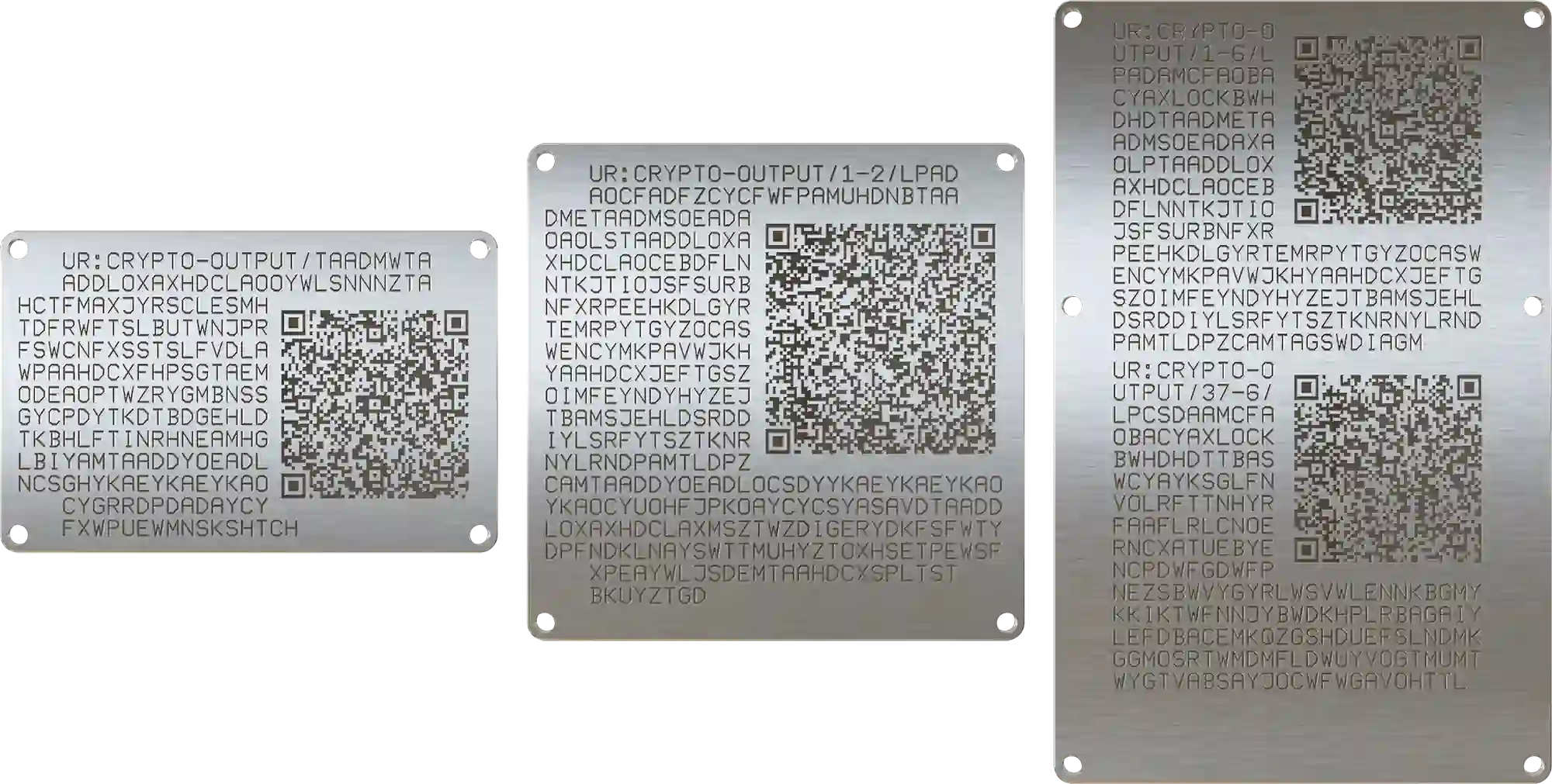 Example of the public sides of all 3 different sizes of SeedHammer plates